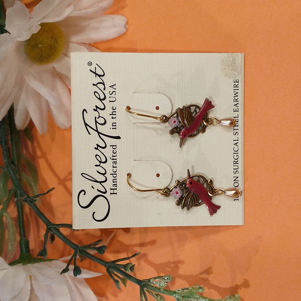 Silver Forest Hummingbird Bird Earrings